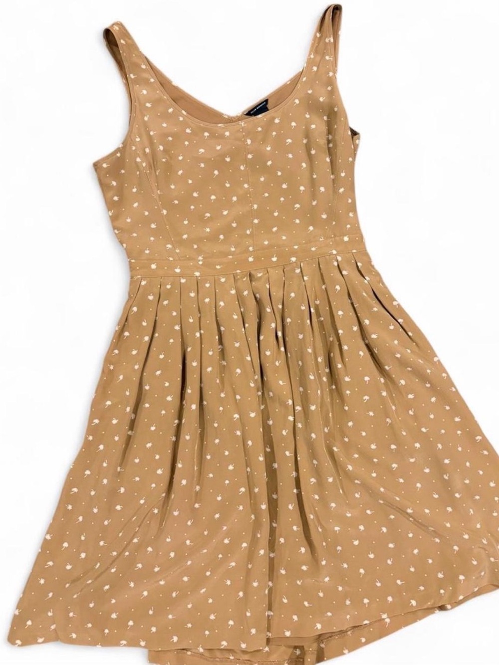 Club Monaco Silk Palm Tree Dress Size 12 Tan White Open Back Fit Flare Mini